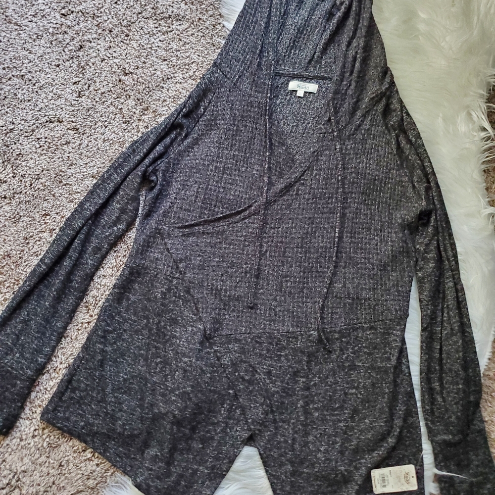 Dark gray asymmetrical draped hooded long sleeved shirt NWT!